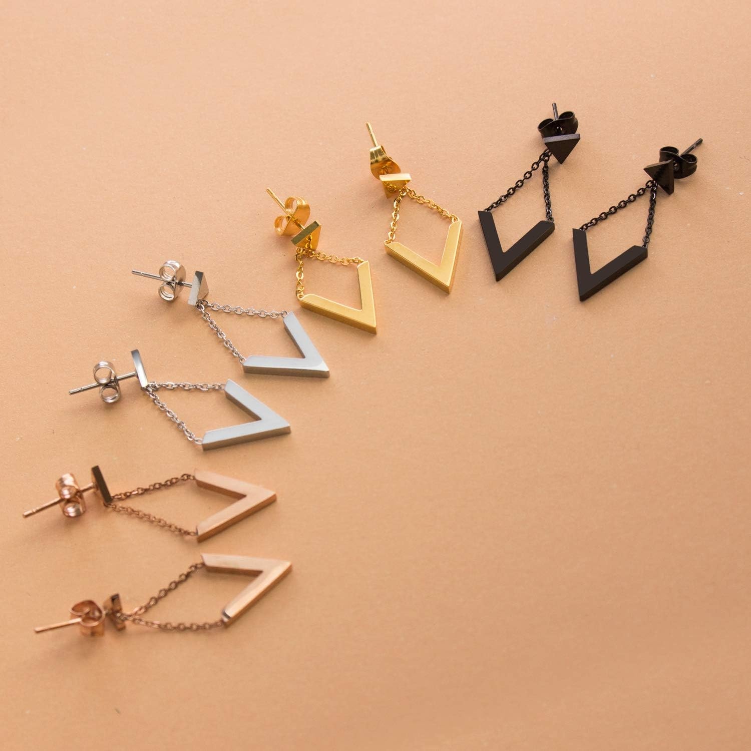 image:image555Jewelry Womens Stainless Steel Edgy V Shape Triangle Chain Drop Stud EarringsPink Rose Gold