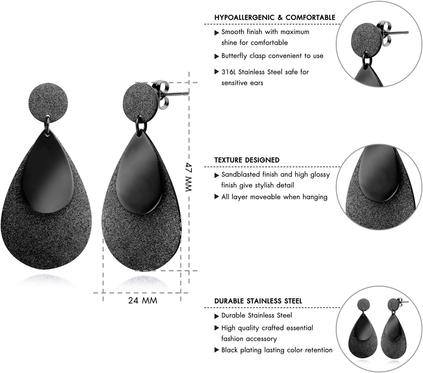 image:image555Jewelry Womens Stainless Steel Teardrop Dangle Hanging Hypoallergenic EarringsBlack