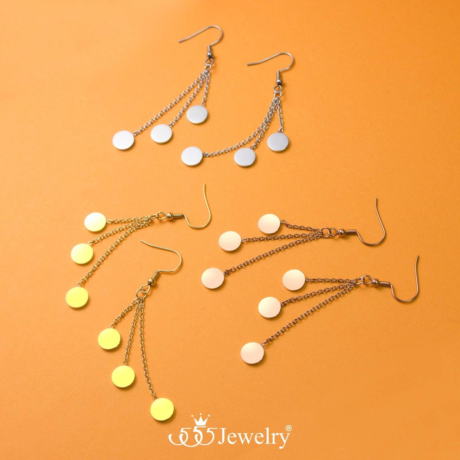 image:image555Jewelry Womens Triple Round Stainless Steel Hanging Dangling Hook EarringsPink Rose Gold