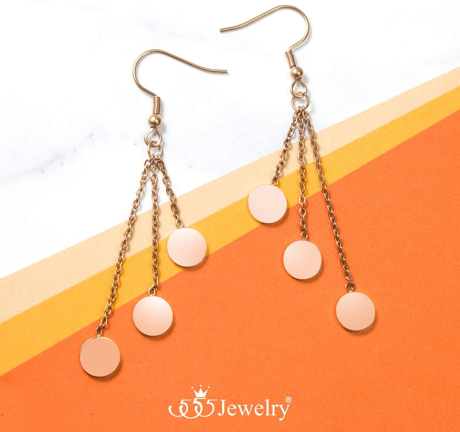 image:image555Jewelry Womens Triple Round Stainless Steel Hanging Dangling Hook EarringsPink Rose Gold
