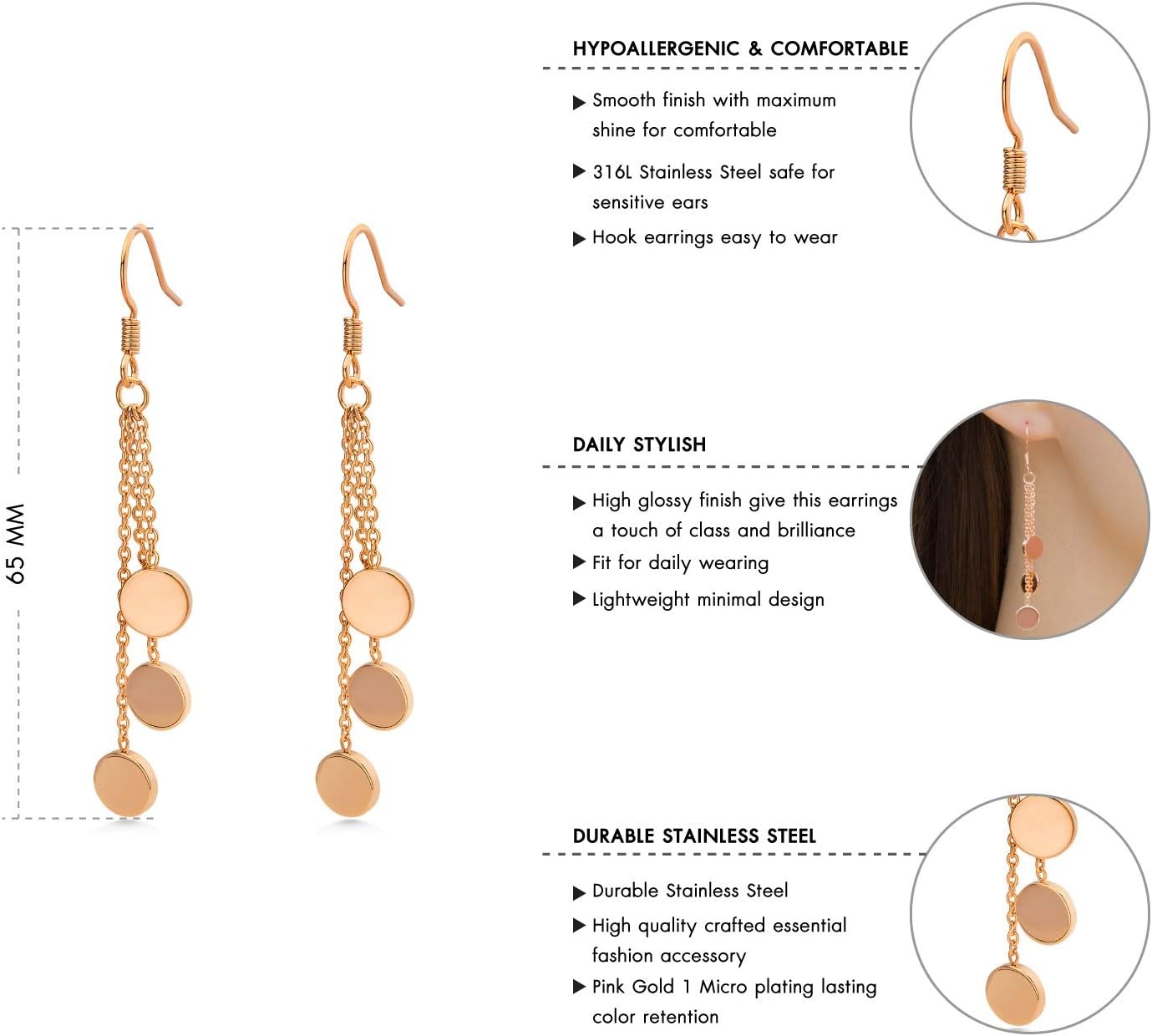 image:image555Jewelry Womens Triple Round Stainless Steel Hanging Dangling Hook EarringsPink Rose Gold