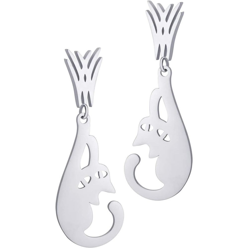 image:image555Jewelry Stainless Steel Cute Hanging Cat Earrings Dangling Drop Cat Jewelry for WomenSilver Style 1