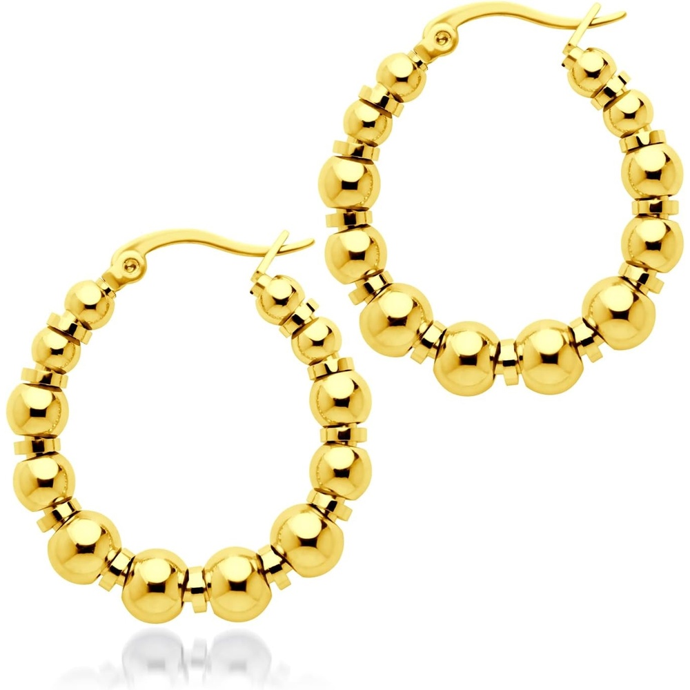 image:image555Jewelry Stainless Steel Medium Beaded Hoop Earrings for Women amp LadiesGold