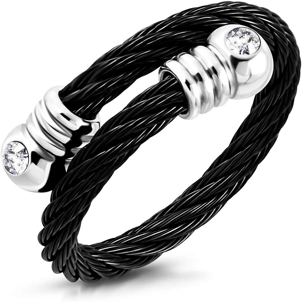 image:image555Jewelry Stainless Steel Twisted Cable CZ Adjustable Open Ring for Women amp LadiesBlack Silver