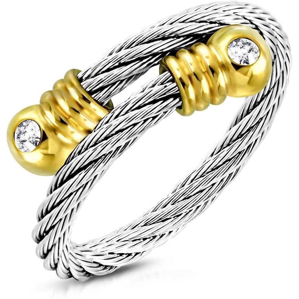 image:image555Jewelry Stainless Steel Twisted Cable CZ Adjustable Open Ring for Women amp LadiesSilver Gold