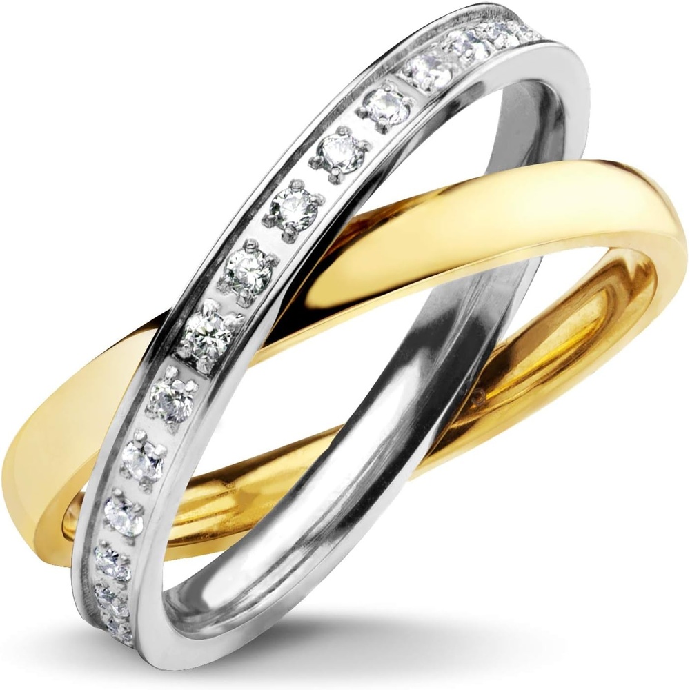 image:image555Jewelry Womens Double Interlocking High Polish CZ Stainless Steel Band RingsSilver Yellow Gold