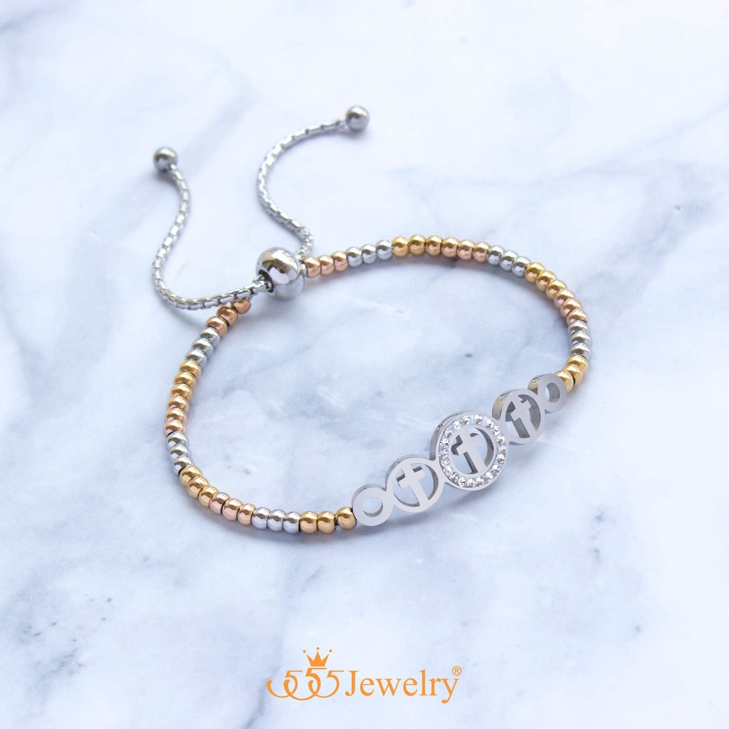 image:image555Jewelry Adjustable Slider Cuff CZ Cross Bolo Bracelet for Women amp LadiesSilverGoldRose Gold