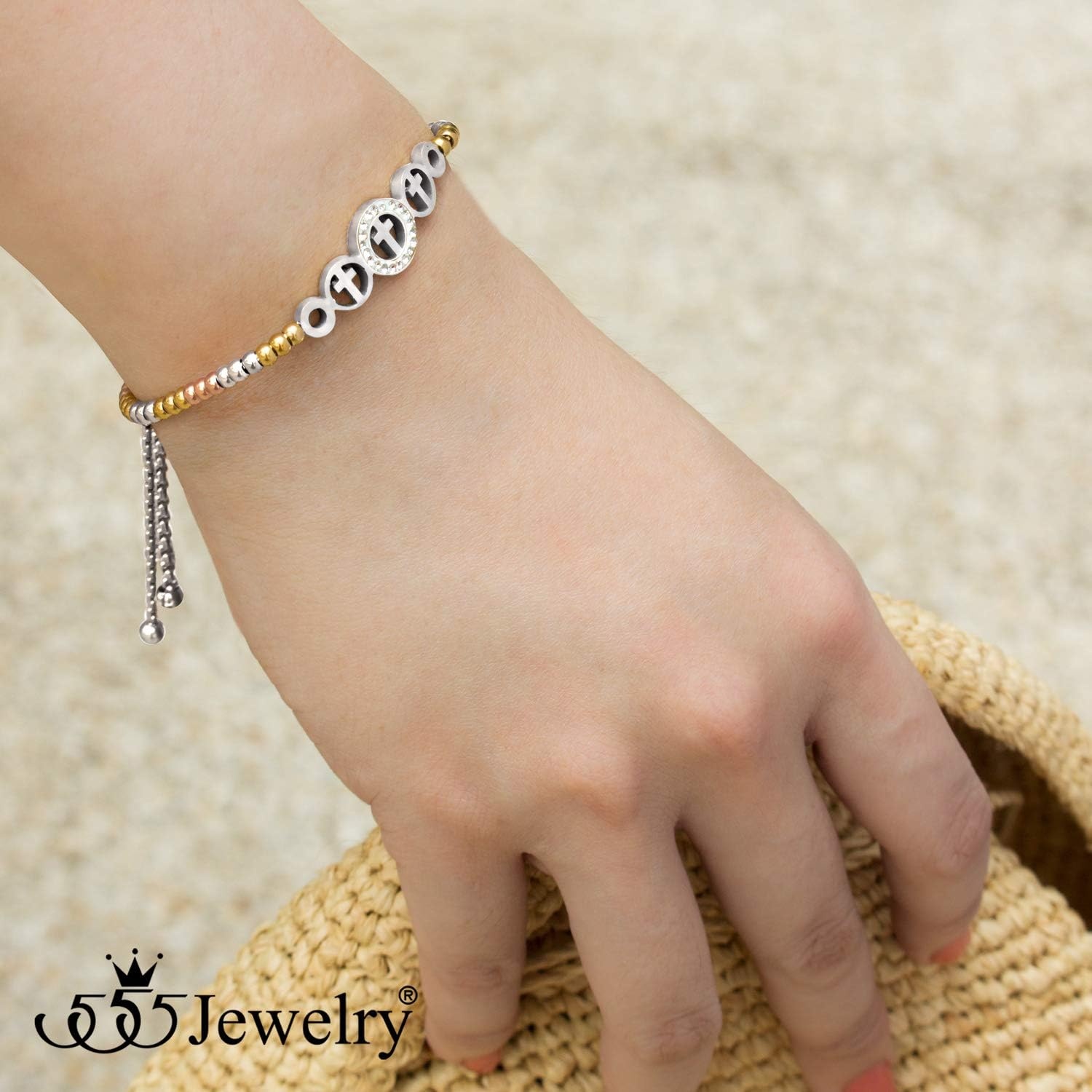 image:image555Jewelry Adjustable Slider Cuff CZ Cross Bolo Bracelet for Women amp LadiesSilverGoldRose Gold
