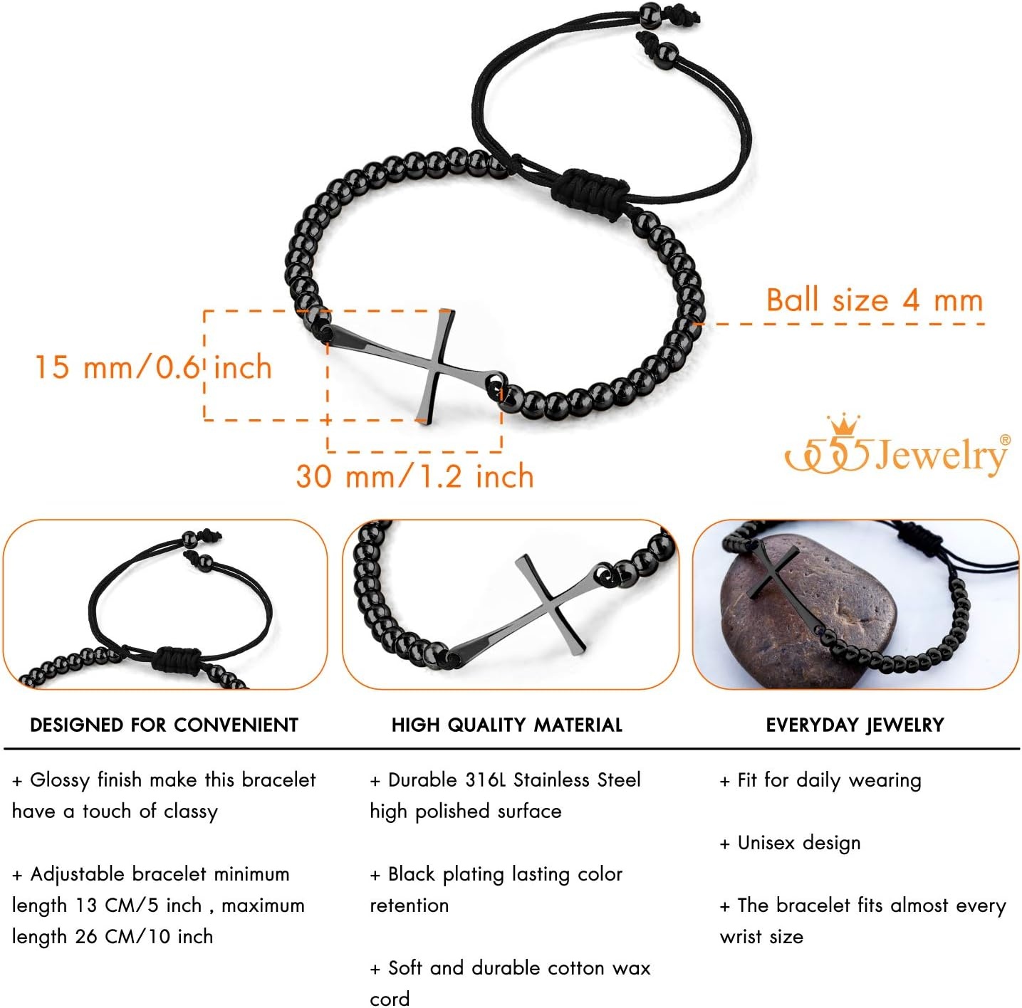image:image555Jewelry Adjustable Slider Sideways Cross Beaded Bolo Bracelet for Women amp LadiesBlack