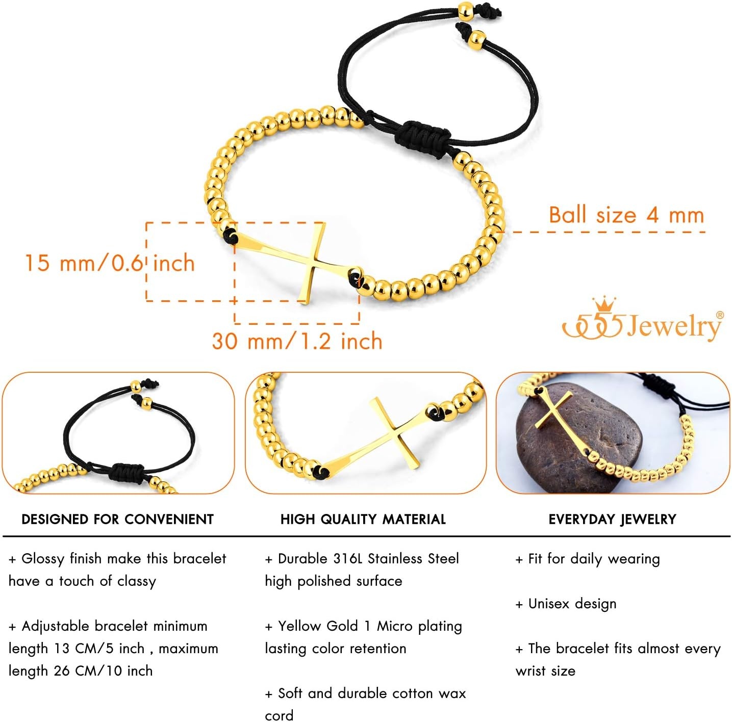 image:image555Jewelry Adjustable Slider Sideways Cross Beaded Bolo Bracelet for Women amp LadiesGold