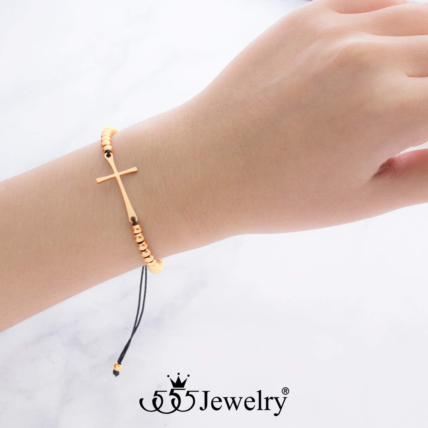 image:image555Jewelry Adjustable Slider Sideways Cross Beaded Bolo Bracelet for Women amp LadiesRose Gold
