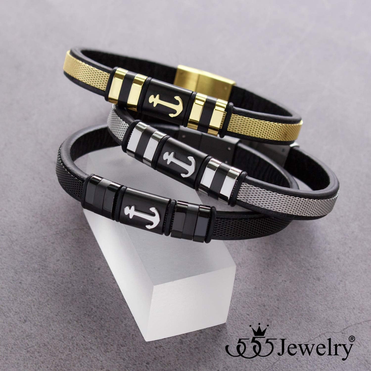 image:image555Jewelry Braided Stainless Steel amp Black Leather Anchor Bracelet for MenBlack