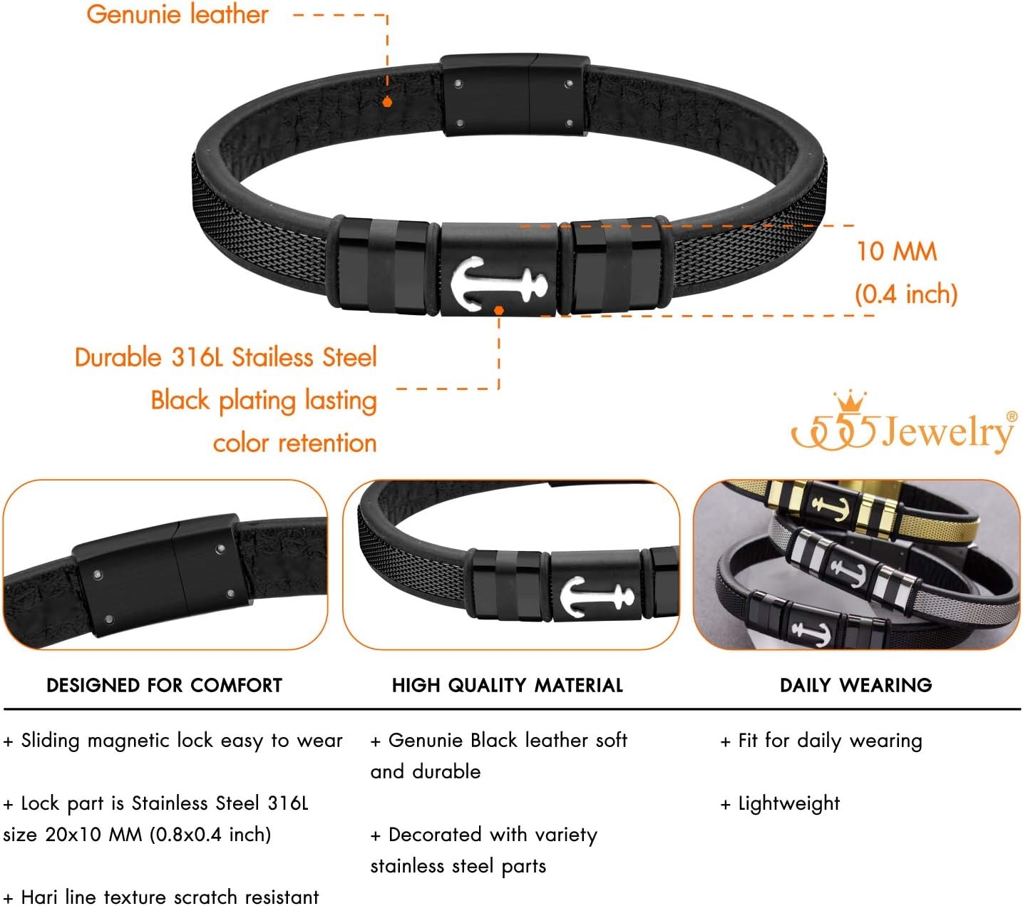 image:image555Jewelry Braided Stainless Steel amp Black Leather Anchor Bracelet for MenBlack