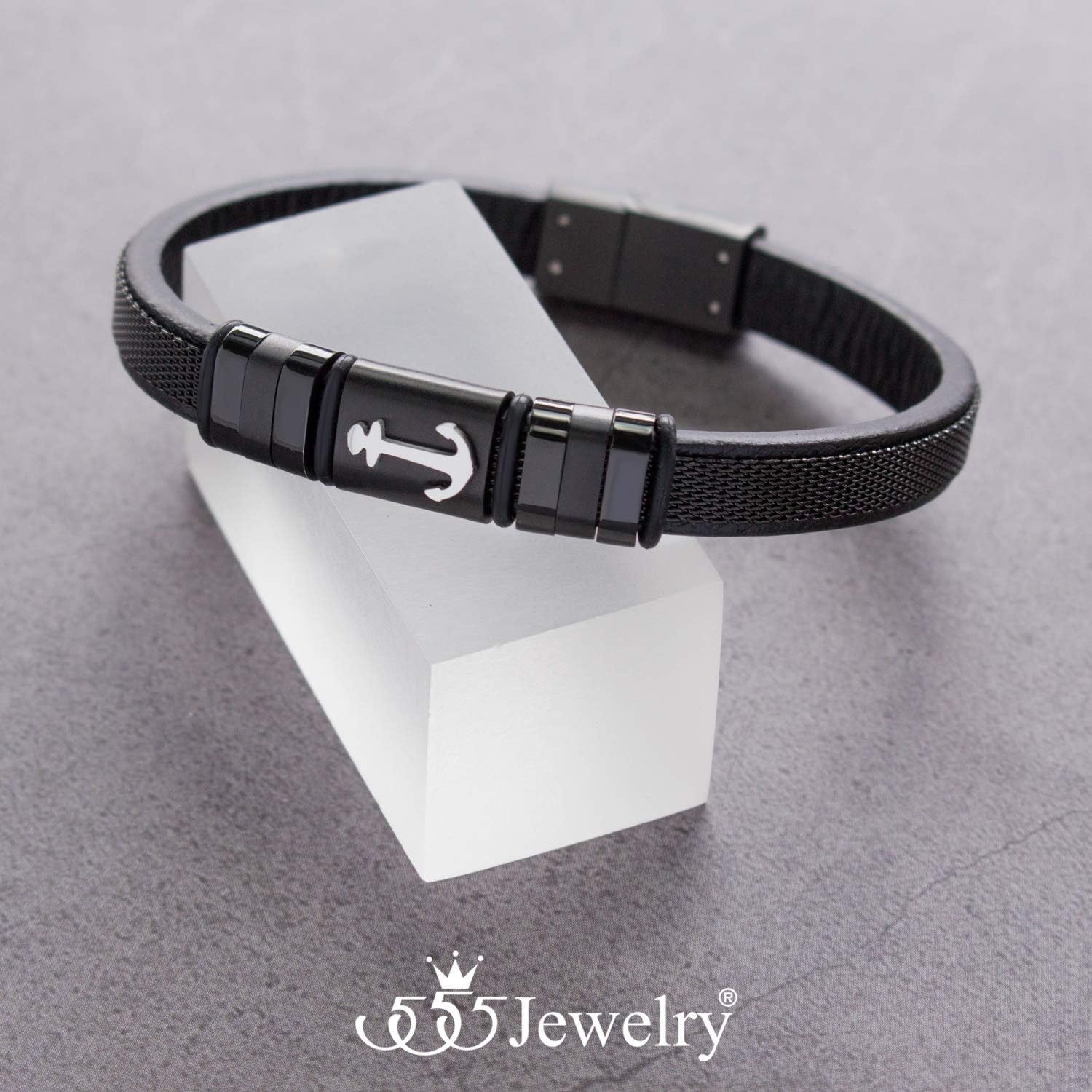 image:image555Jewelry Braided Stainless Steel amp Black Leather Anchor Bracelet for MenBlack
