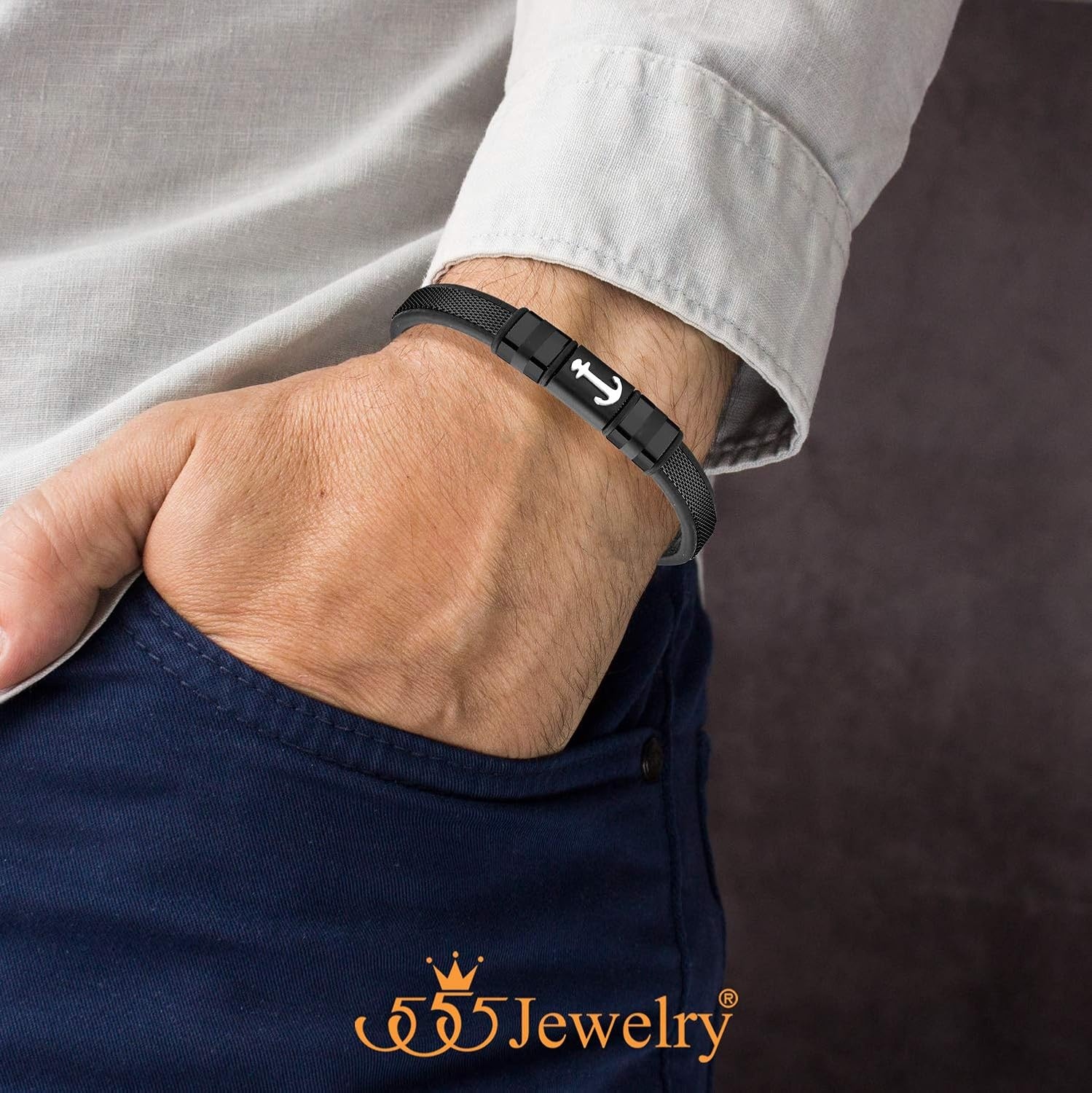 image:image555Jewelry Braided Stainless Steel amp Black Leather Anchor Bracelet for MenBlack