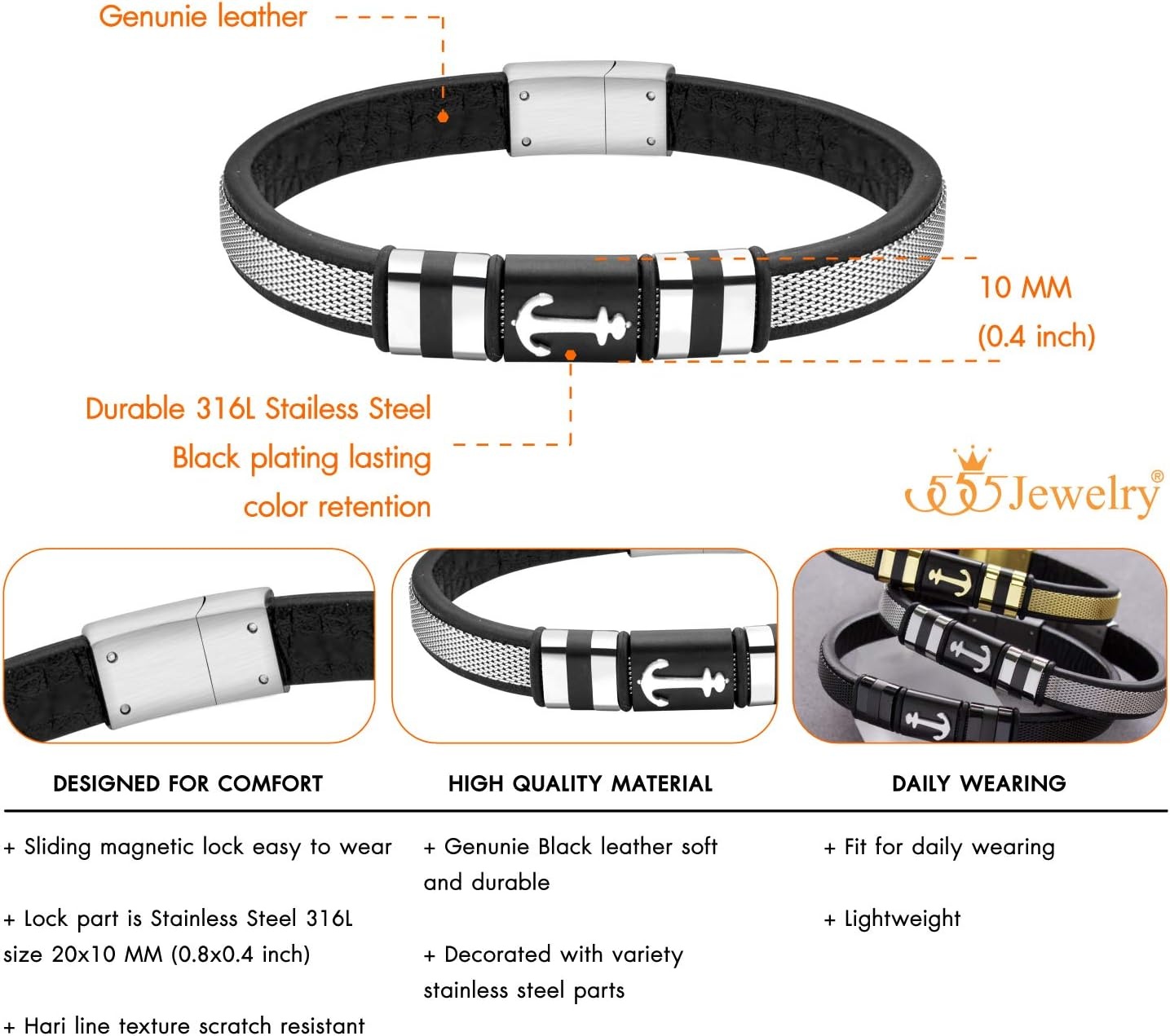 image:image555Jewelry Braided Stainless Steel amp Black Leather Anchor Bracelet for MenSilver