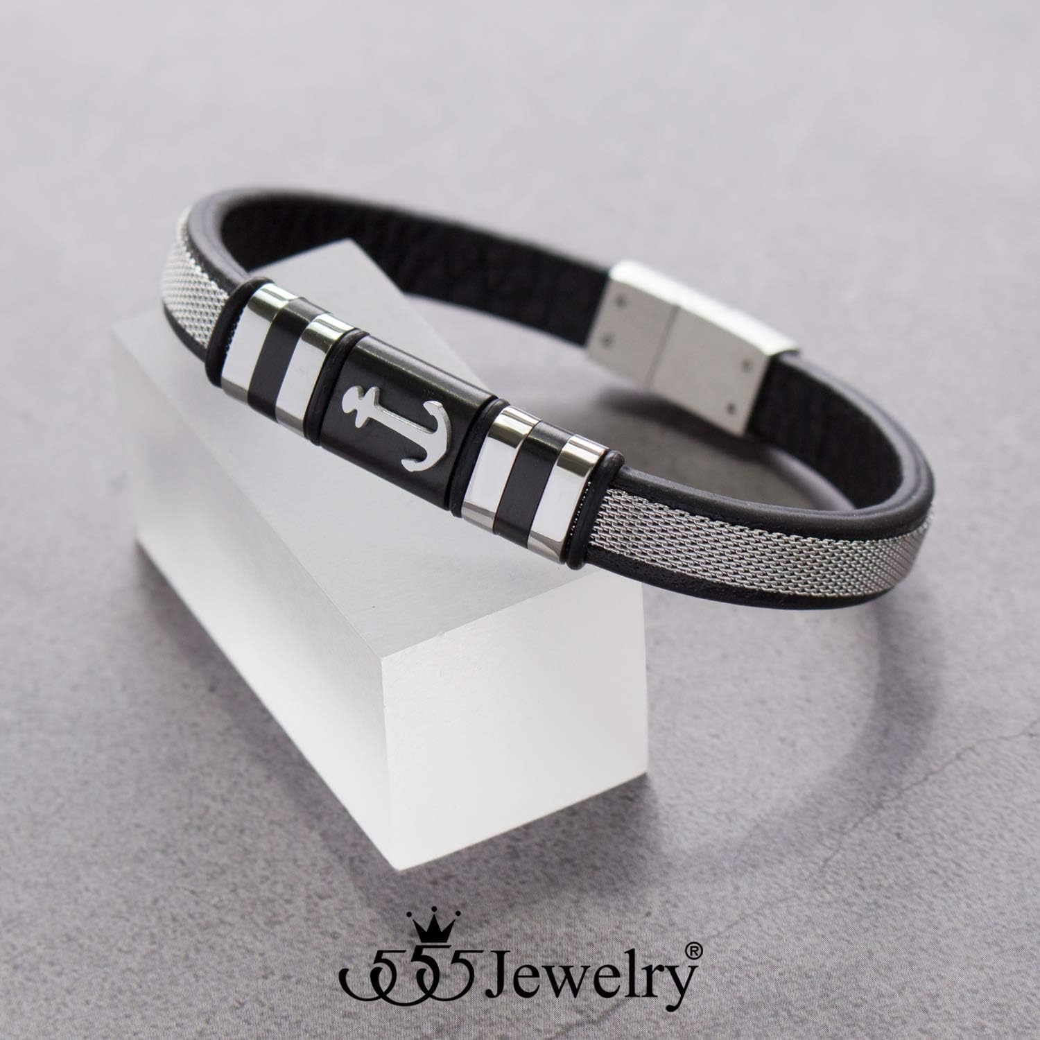 image:image555Jewelry Braided Stainless Steel amp Black Leather Anchor Bracelet for MenSilver