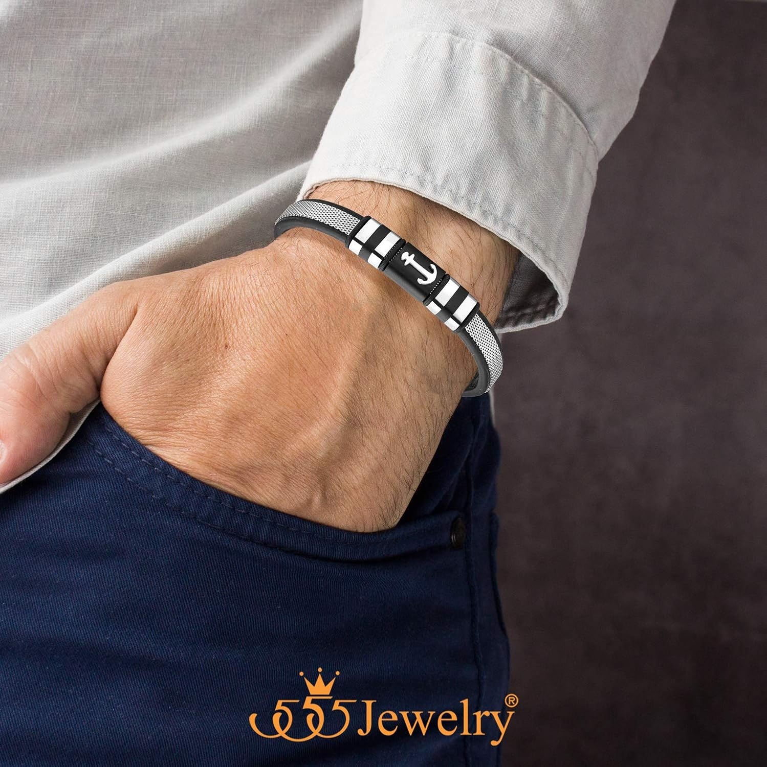 image:image555Jewelry Braided Stainless Steel amp Black Leather Anchor Bracelet for MenSilver