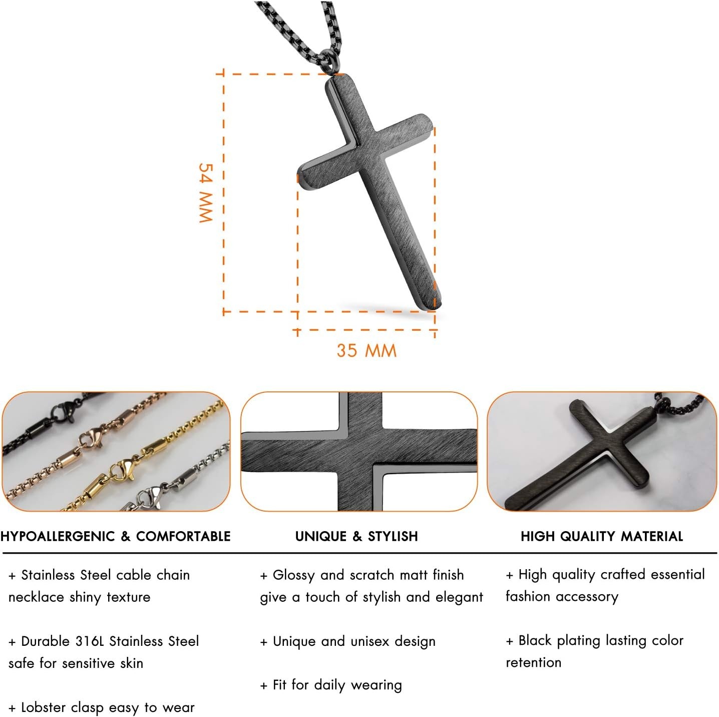image:image555Jewelry Cross Necklace for Men Women Brushed Stainless Steel Pendant 1824 ChainBlack