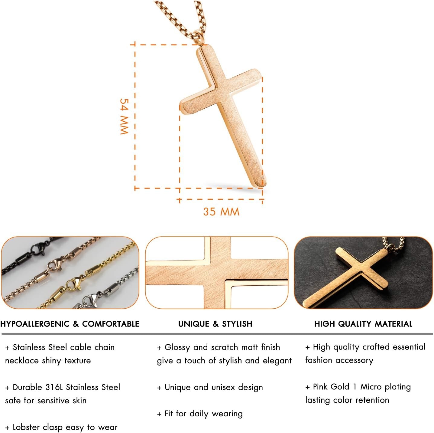 image:image555Jewelry Cross Necklace for Men Women Brushed Stainless Steel Pendant 1824 ChainRose Gold