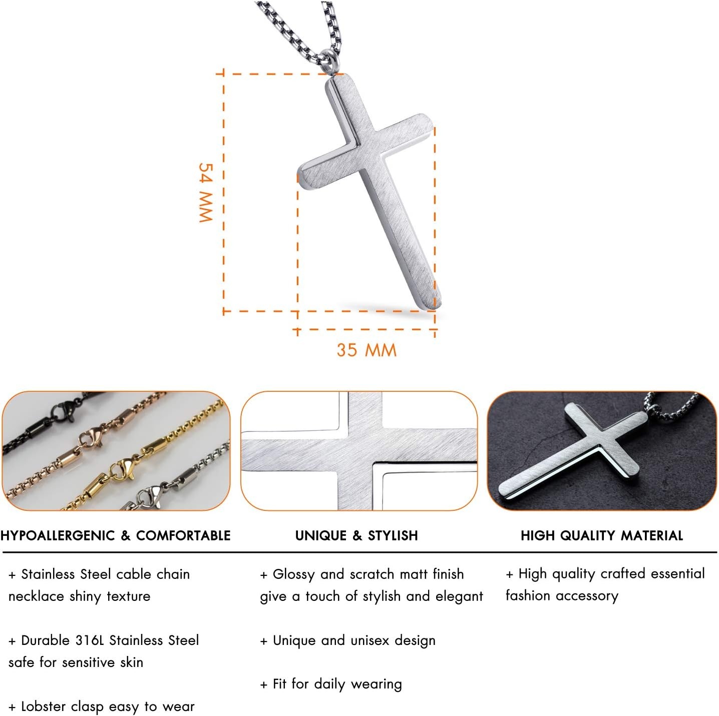 image:image555Jewelry Cross Necklace for Men Women Brushed Stainless Steel Pendant 1824 ChainSilver