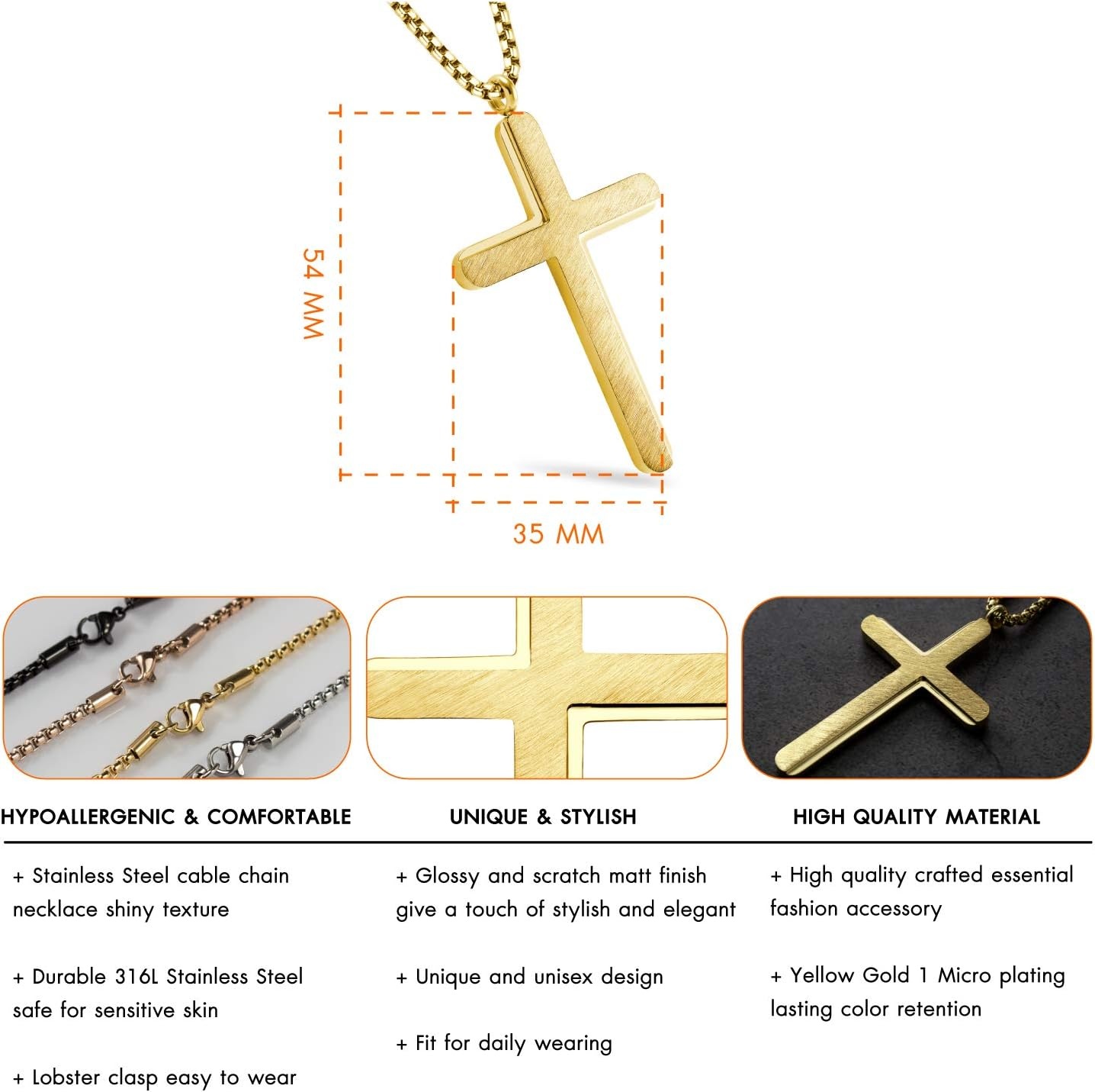 image:image555Jewelry Cross Necklace for Men Women Brushed Stainless Steel Pendant 1824 ChainYellow Gold