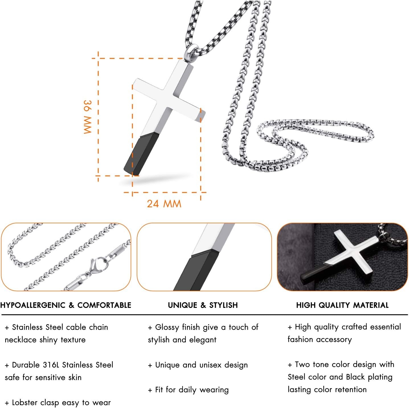 image:image555Jewelry Cross Necklace for Men Women Stainless Steel Pendant with 1624 ChainSilver Black