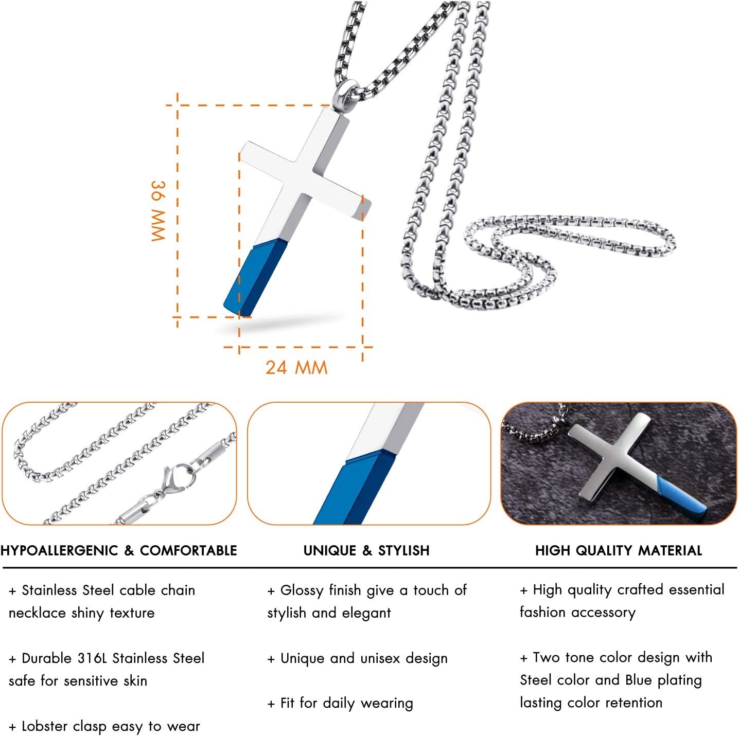 image:image555Jewelry Cross Necklace for Men Women Stainless Steel Pendant with 1624 ChainSilver Blue