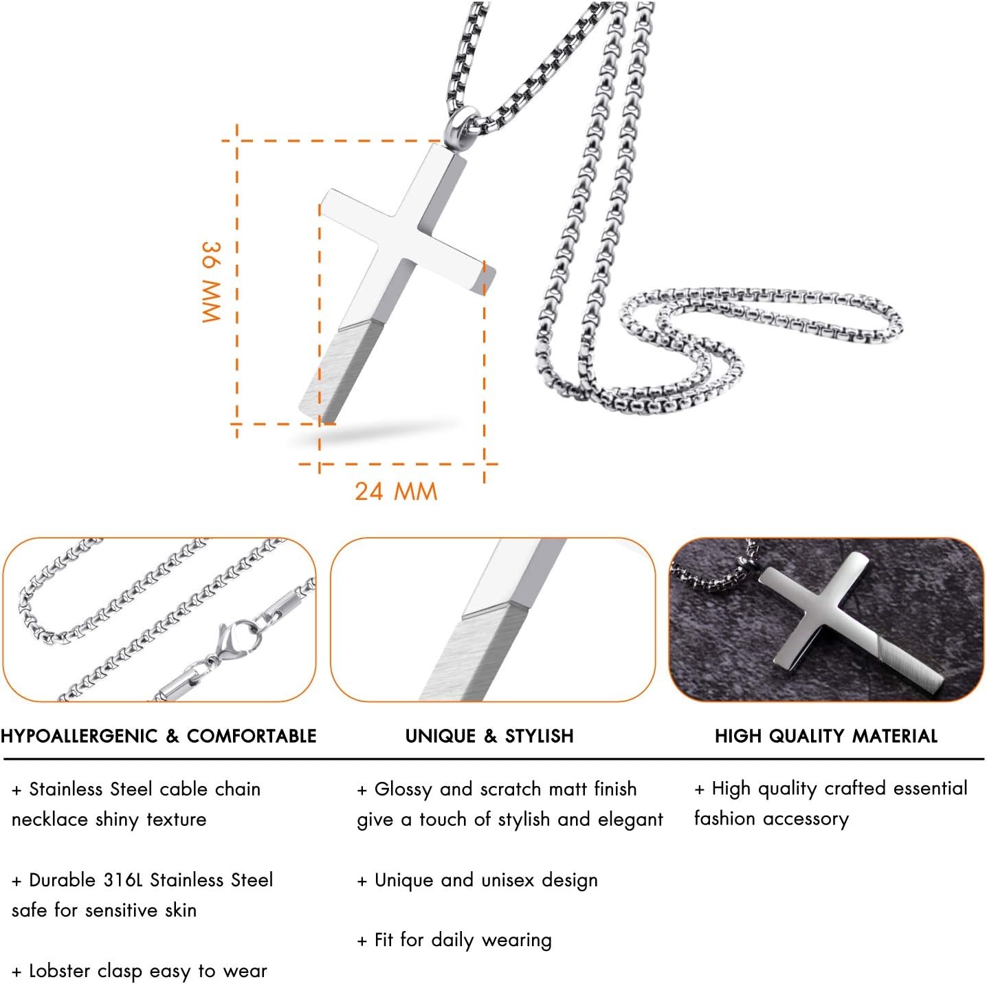 image:image555Jewelry Cross Necklace for Men Women Stainless Steel Pendant with 1624 ChainSilver Matte