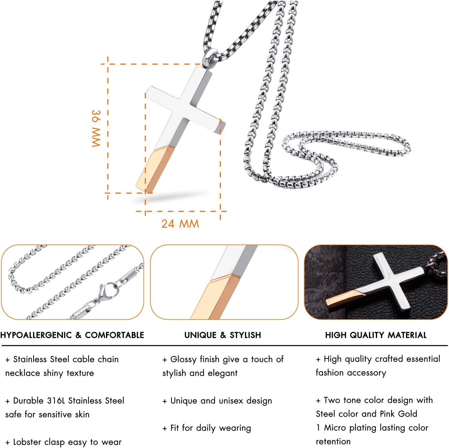image:image555Jewelry Cross Necklace for Men Women Stainless Steel Pendant with 1624 ChainSilver Rose Gold