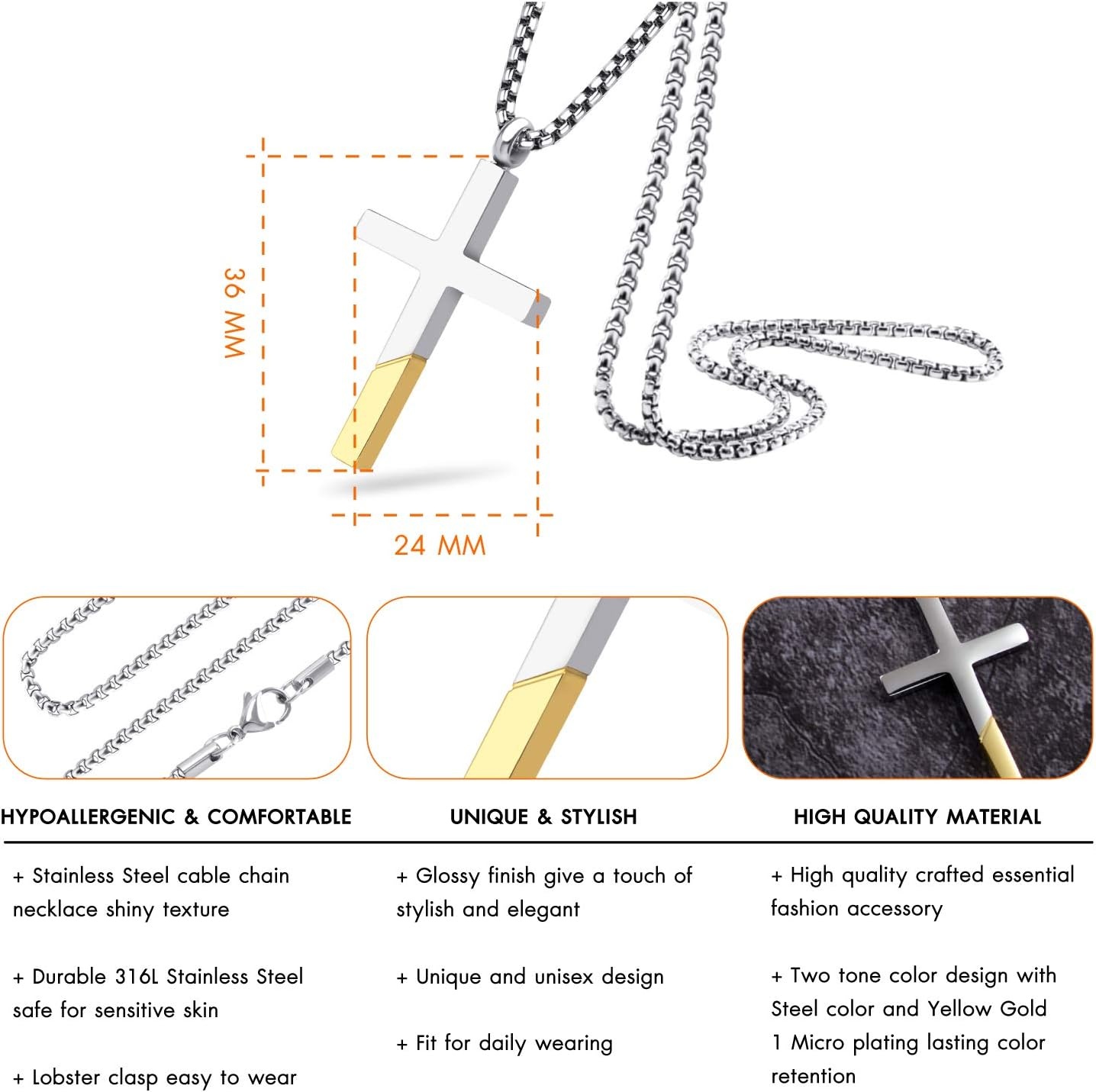 image:image555Jewelry Cross Necklace for Men Women Stainless Steel Pendant with 1624 ChainSilver Yellow Gold