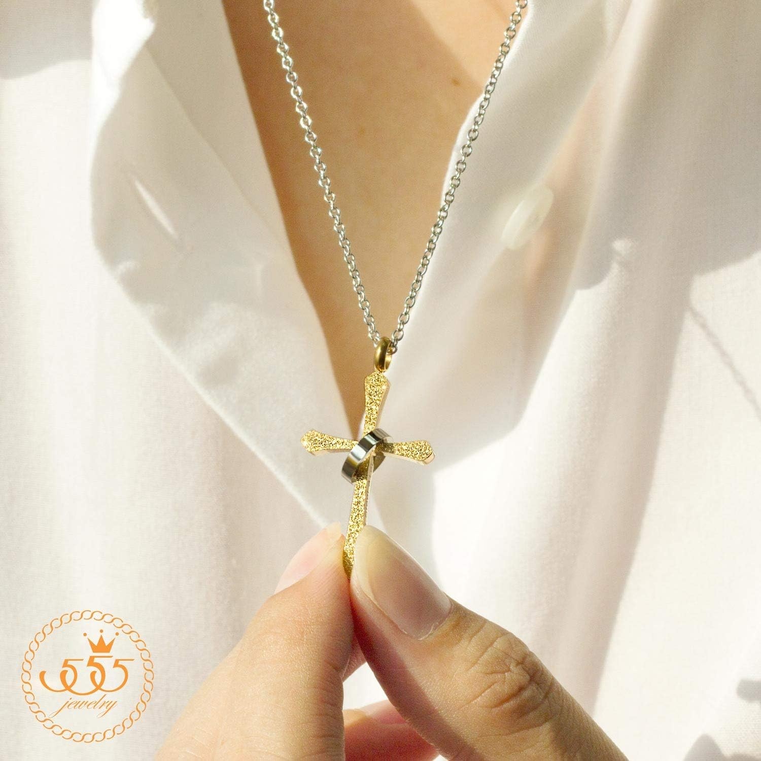 image:image555Jewelry Cross Necklace for Women amp Men Sparkly Stainless Steel Pendant 1622 ChainGold
