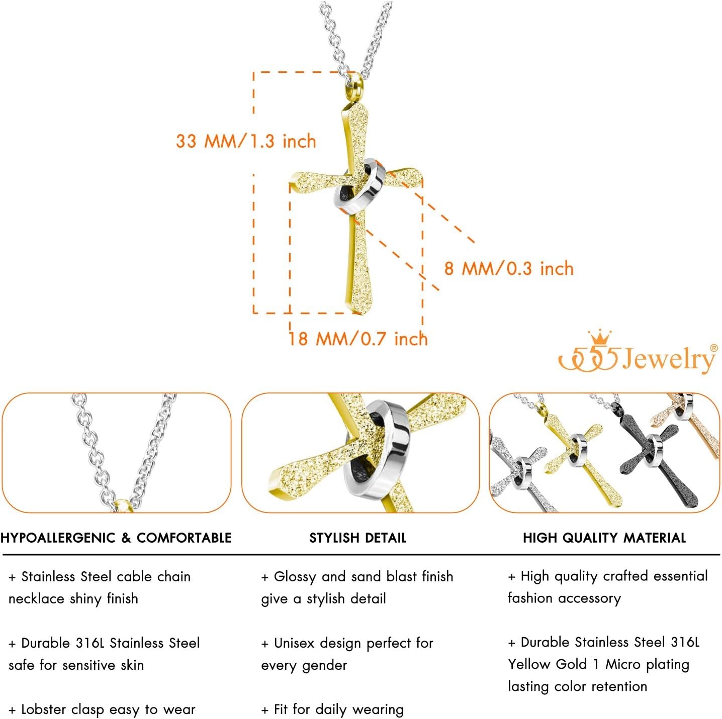 image:image555Jewelry Cross Necklace for Women amp Men Sparkly Stainless Steel Pendant 1622 ChainGold