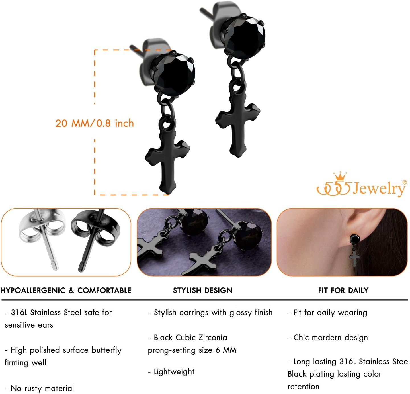 image:image555Jewelry Delicate Small Sparkly Dangling Cross Stud Earrings for Women amp LadiesBlack Black CZ