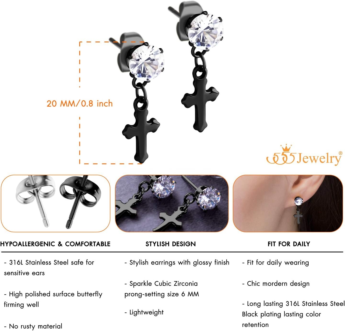 image:image555Jewelry Delicate Small Sparkly Dangling Cross Stud Earrings for Women amp LadiesBlack White CZ