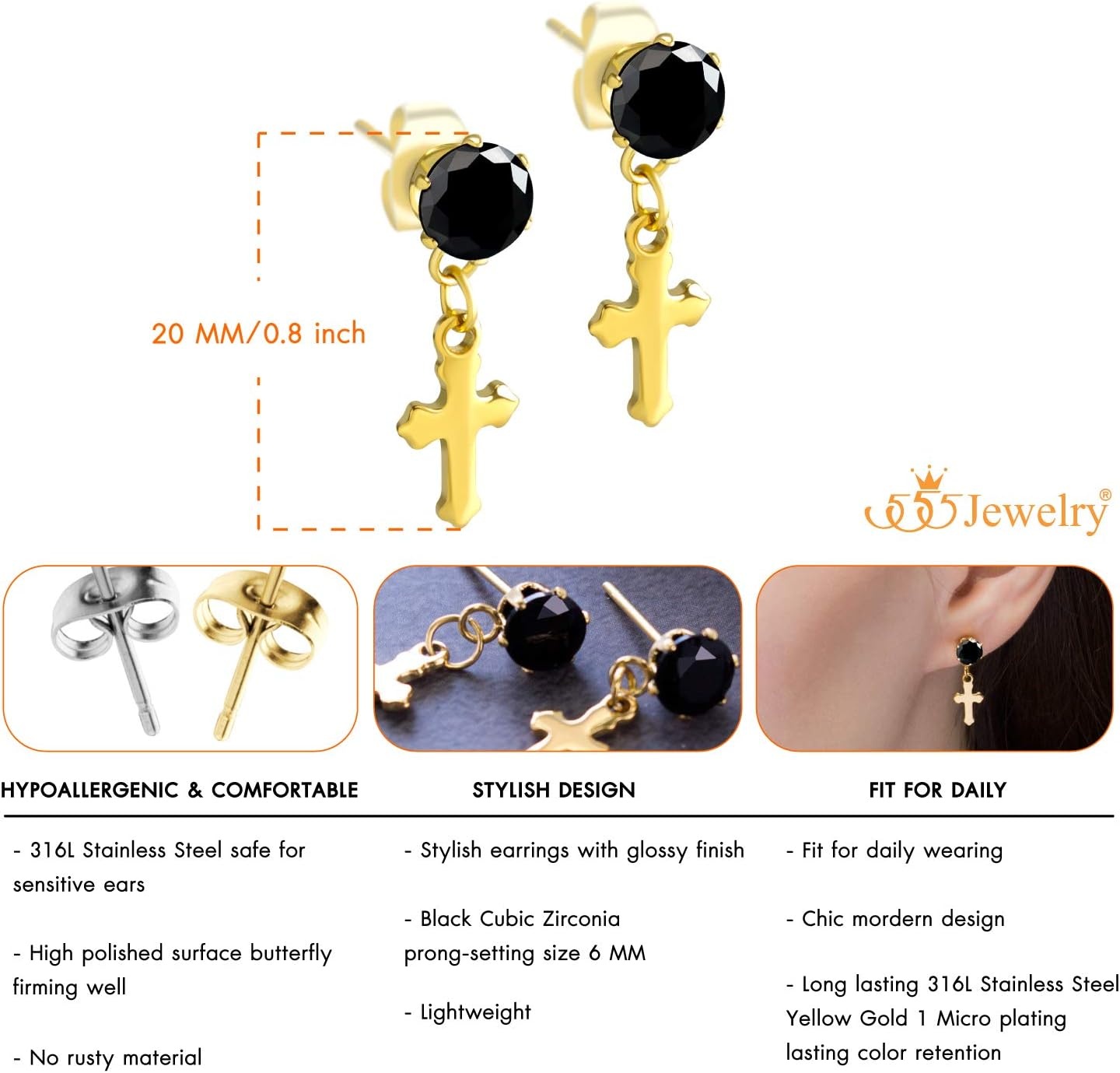 image:image555Jewelry Delicate Small Sparkly Dangling Cross Stud Earrings for Women amp LadiesGold Black CZ