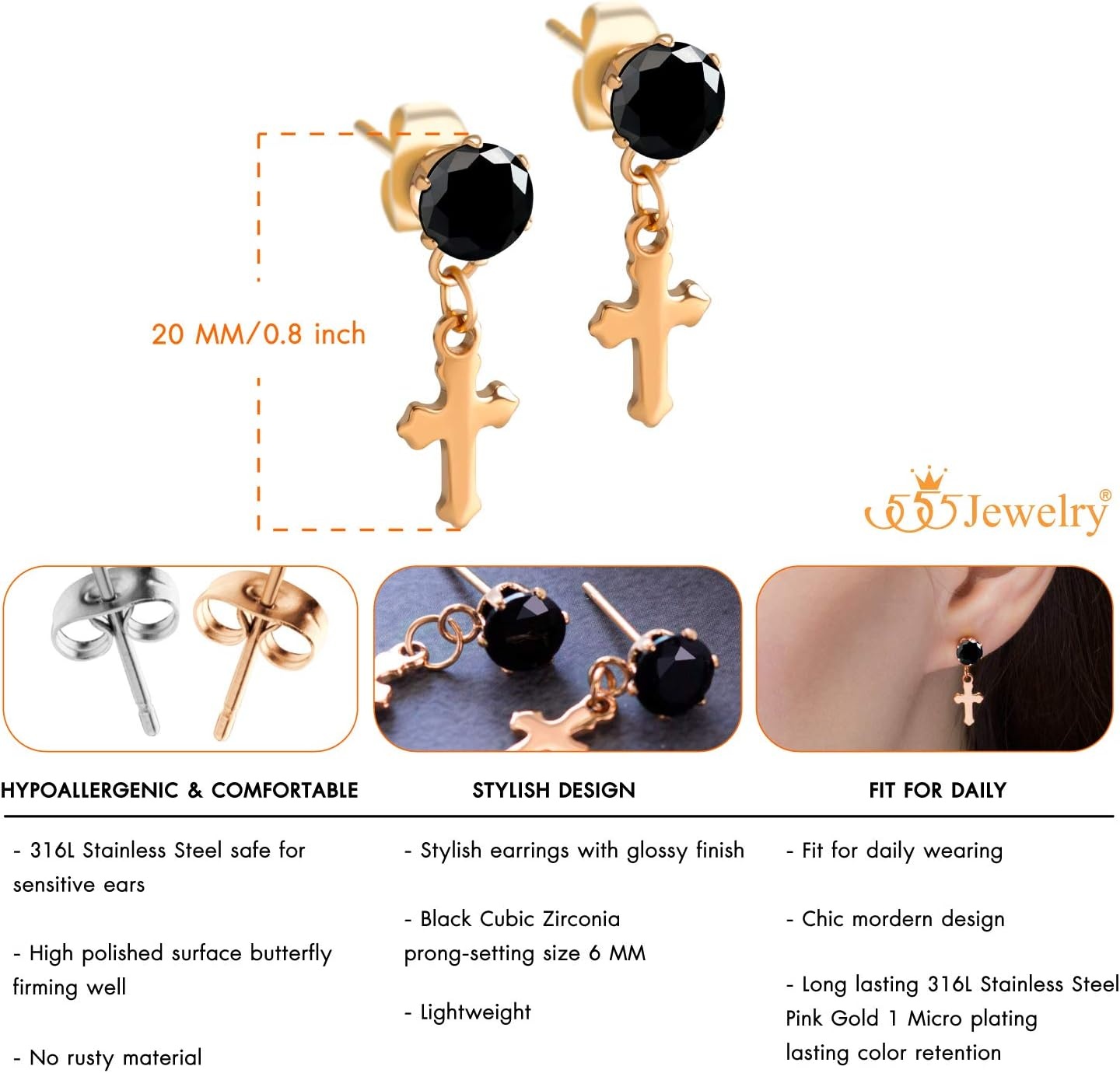 image:image555Jewelry Delicate Small Sparkly Dangling Cross Stud Earrings for Women amp LadiesRose Gold Black CZ