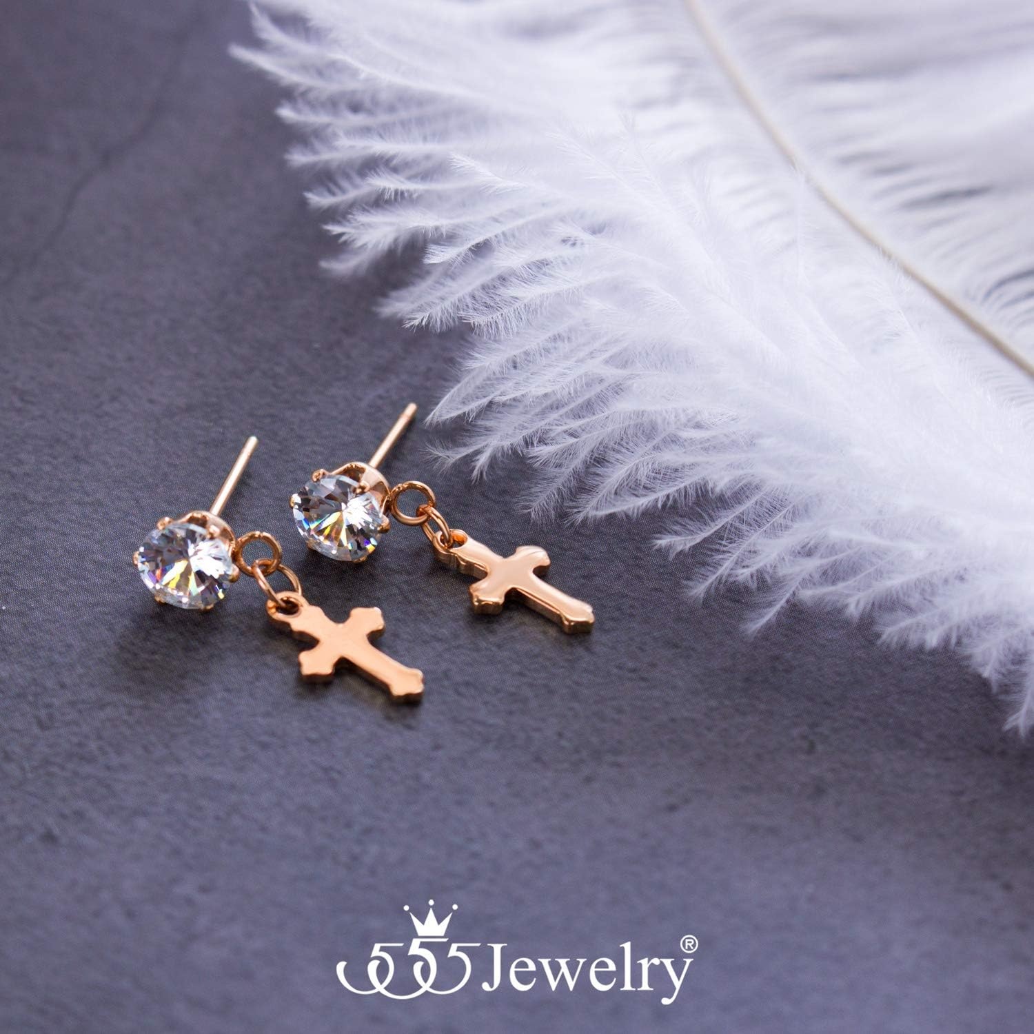 image:image555Jewelry Delicate Small Sparkly Dangling Cross Stud Earrings for Women amp LadiesRose Gold White CZ