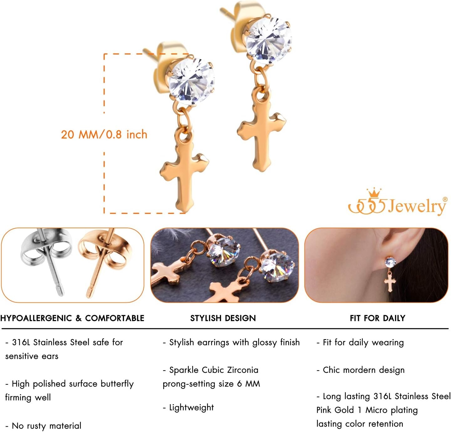 image:image555Jewelry Delicate Small Sparkly Dangling Cross Stud Earrings for Women amp LadiesRose Gold White CZ