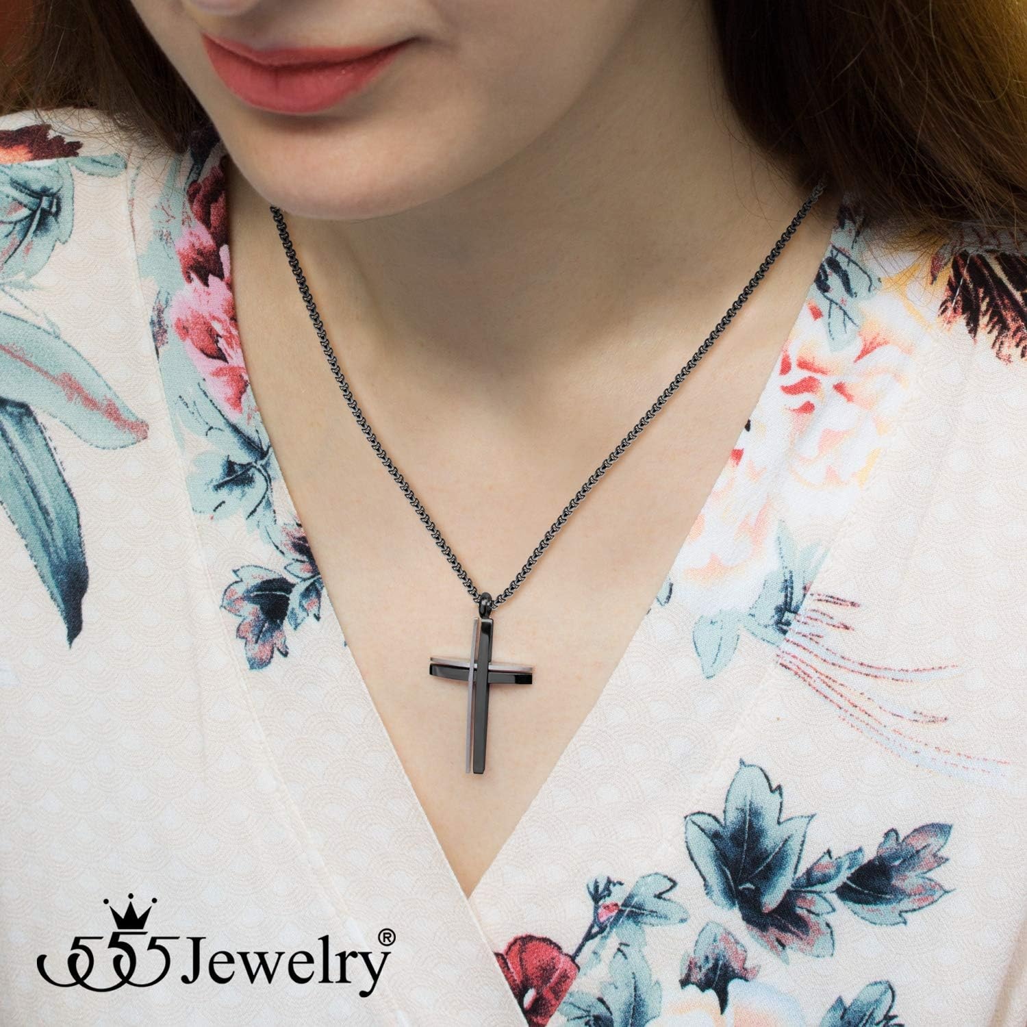 image:image555Jewelry Grooved Stainless Steel Cross Necklace for Men and Women 1624 ChainSilver Black