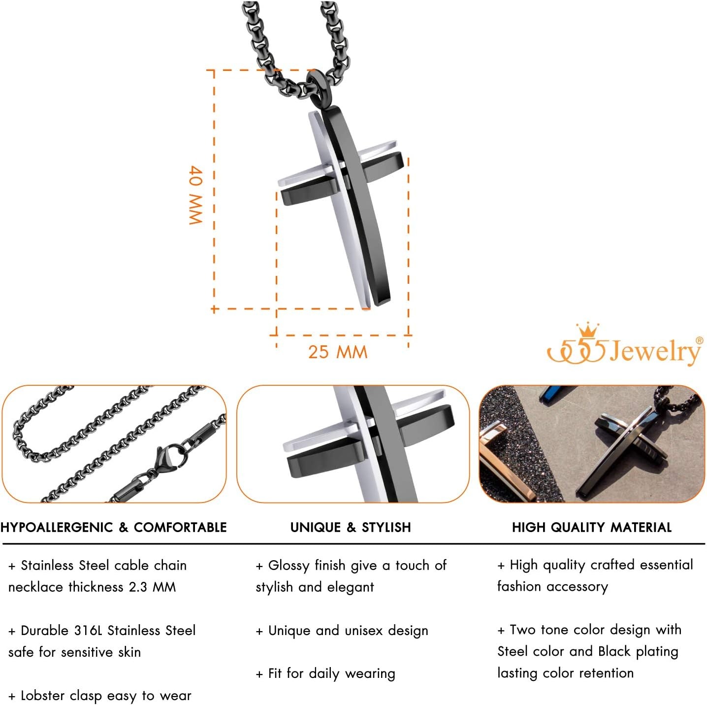 image:image555Jewelry Grooved Stainless Steel Cross Necklace for Men and Women 1624 ChainSilver Black