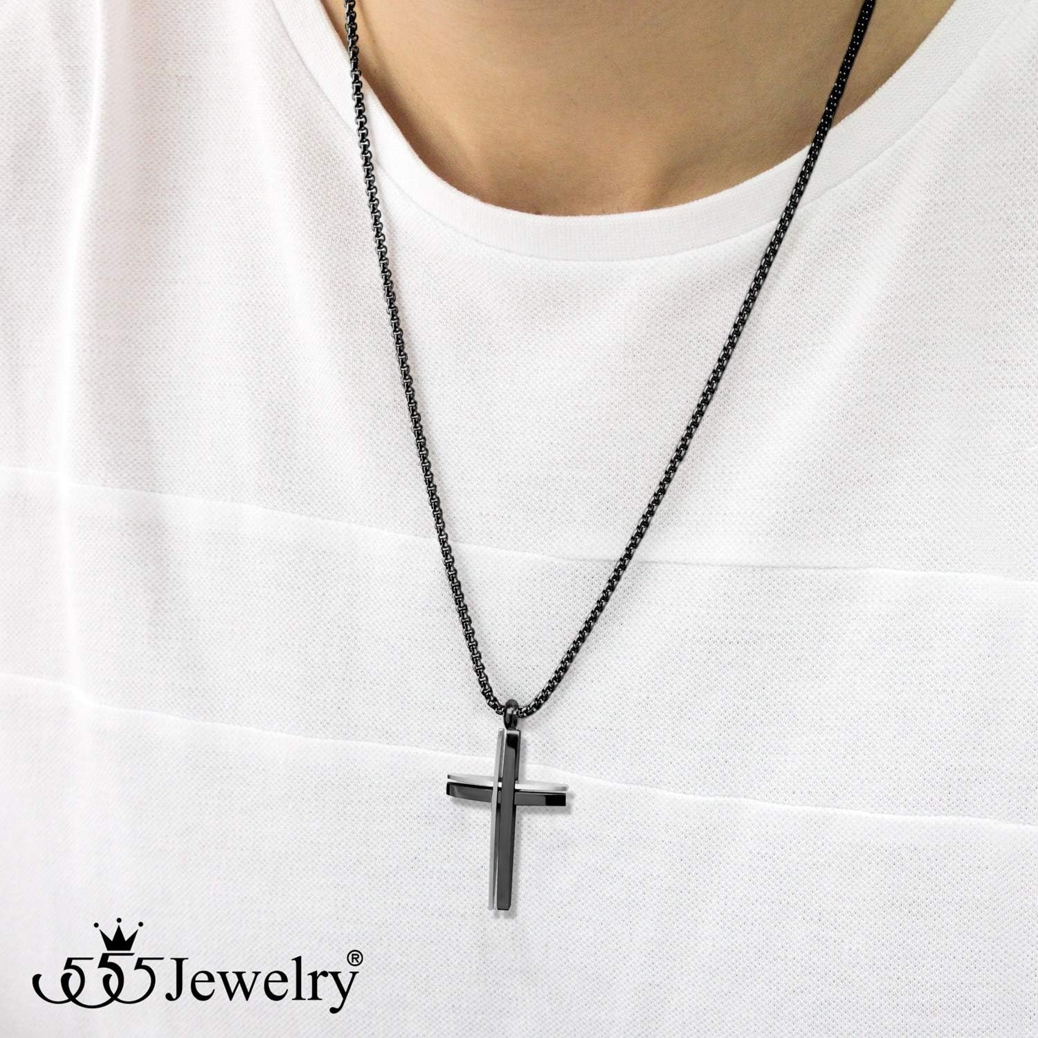 image:image555Jewelry Grooved Stainless Steel Cross Necklace for Men and Women 1624 ChainSilver Black