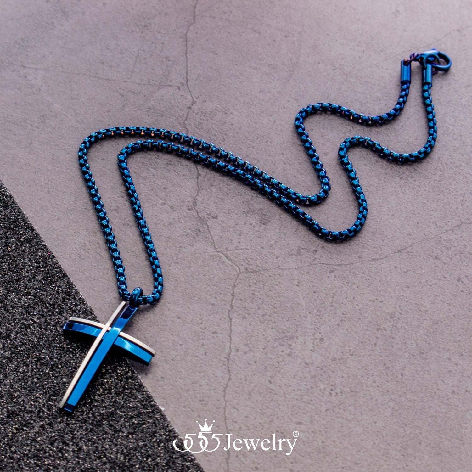 image:image555Jewelry Grooved Stainless Steel Cross Necklace for Men and Women 1624 ChainSilver Blue