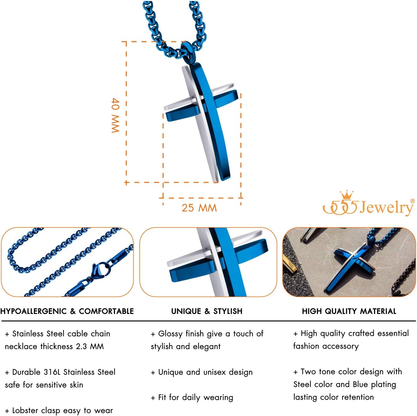 image:image555Jewelry Grooved Stainless Steel Cross Necklace for Men and Women 1624 ChainSilver Blue