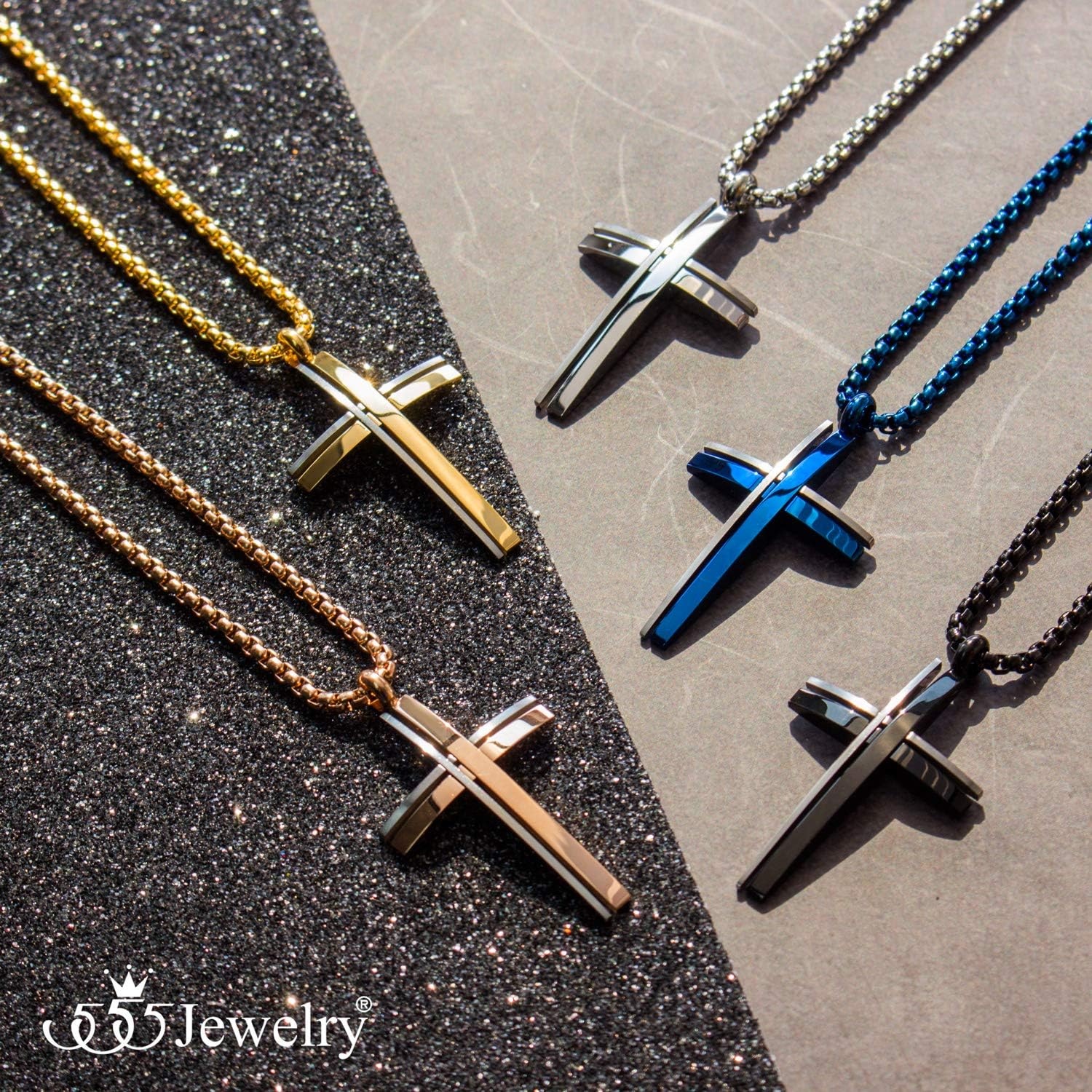 image:image555Jewelry Grooved Stainless Steel Cross Necklace for Men and Women 1624 ChainSilver Blue