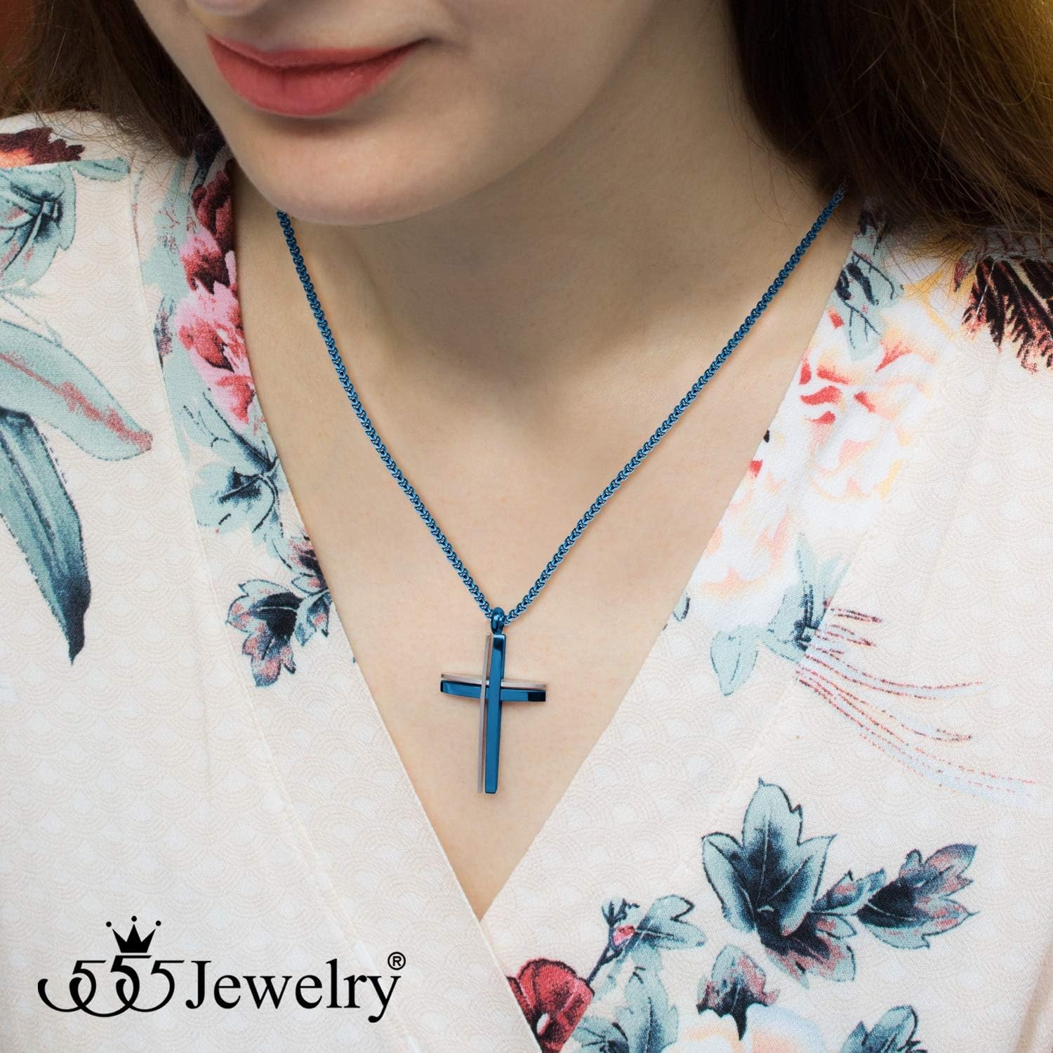 image:image555Jewelry Grooved Stainless Steel Cross Necklace for Men and Women 1624 ChainSilver Blue