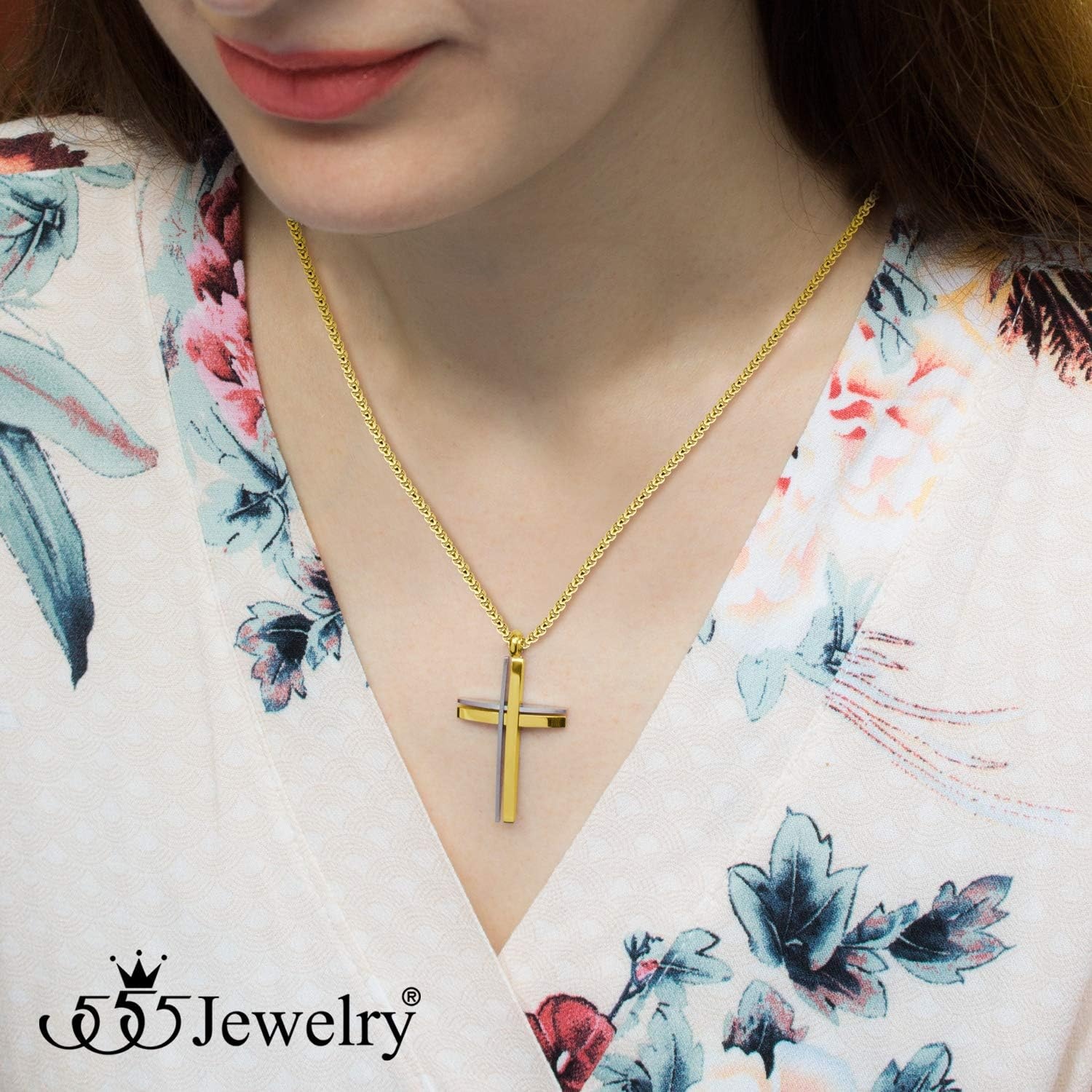 image:image555Jewelry Grooved Stainless Steel Cross Necklace for Men and Women 1624 ChainSilver Gold