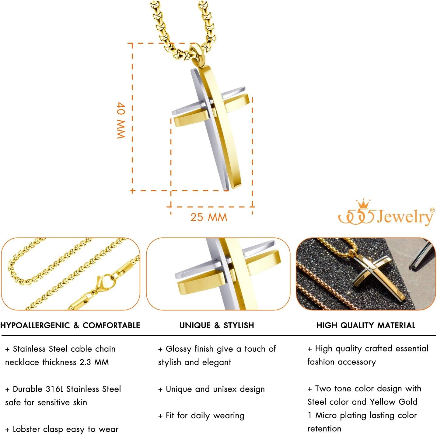 image:image555Jewelry Grooved Stainless Steel Cross Necklace for Men and Women 1624 ChainSilver Gold