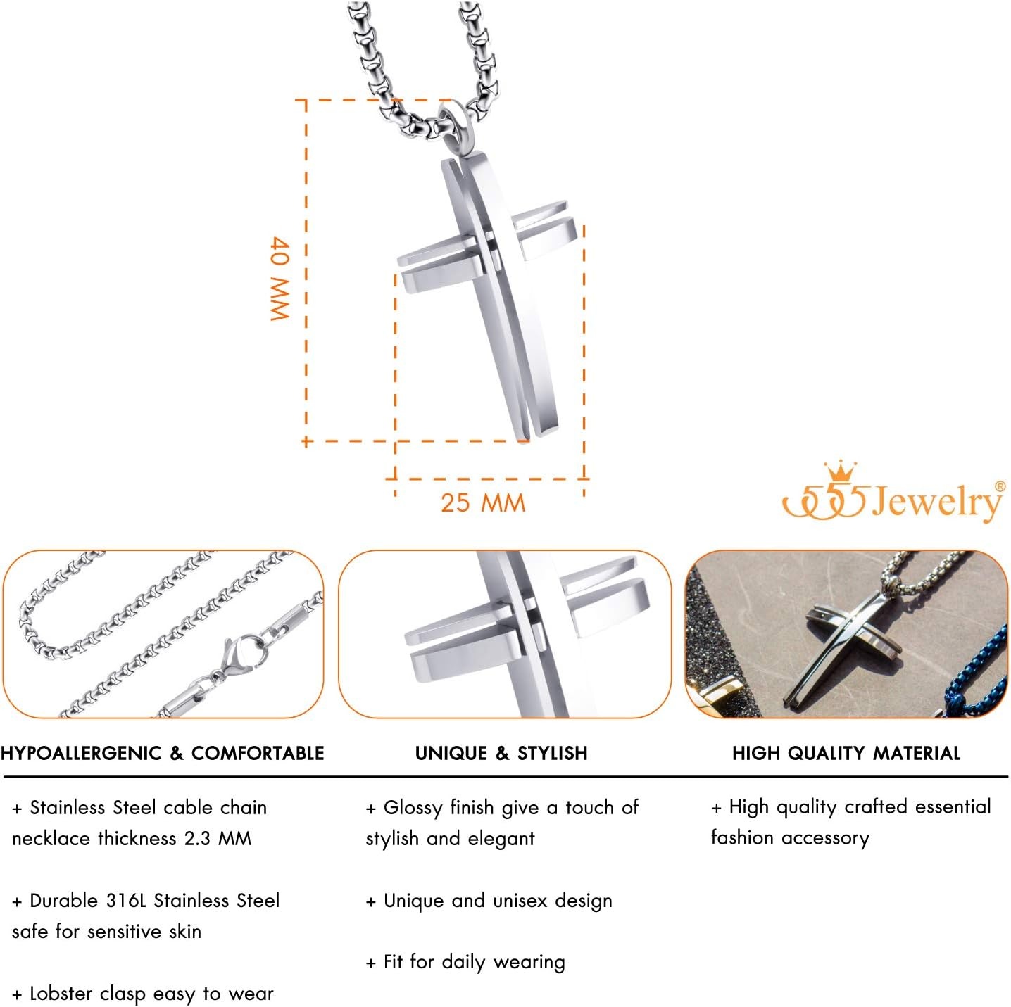 image:image555Jewelry Grooved Stainless Steel Cross Necklace for Men and Women 1624 ChainSilver