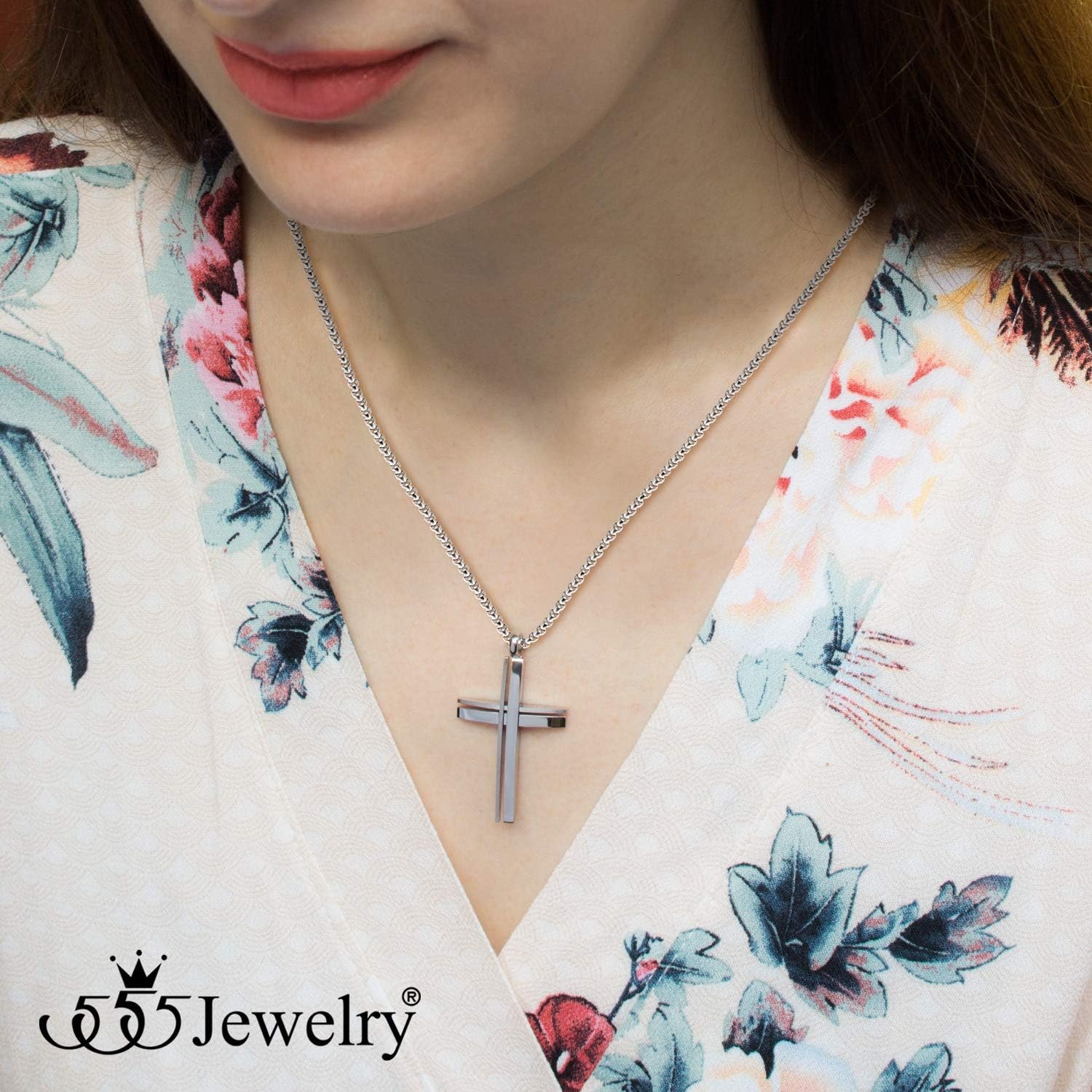 image:image555Jewelry Grooved Stainless Steel Cross Necklace for Men and Women 1624 ChainSilver